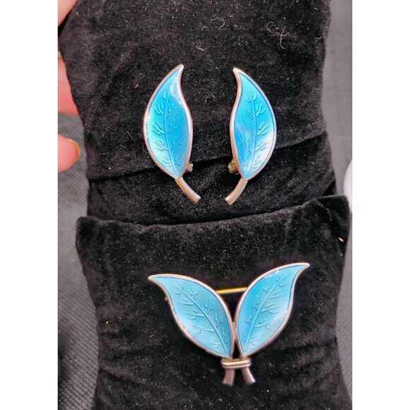 David Andersen Norway Sterling Blue Enamel Double Brooch & Clip-On Earrings Set - Picture 4 of 10